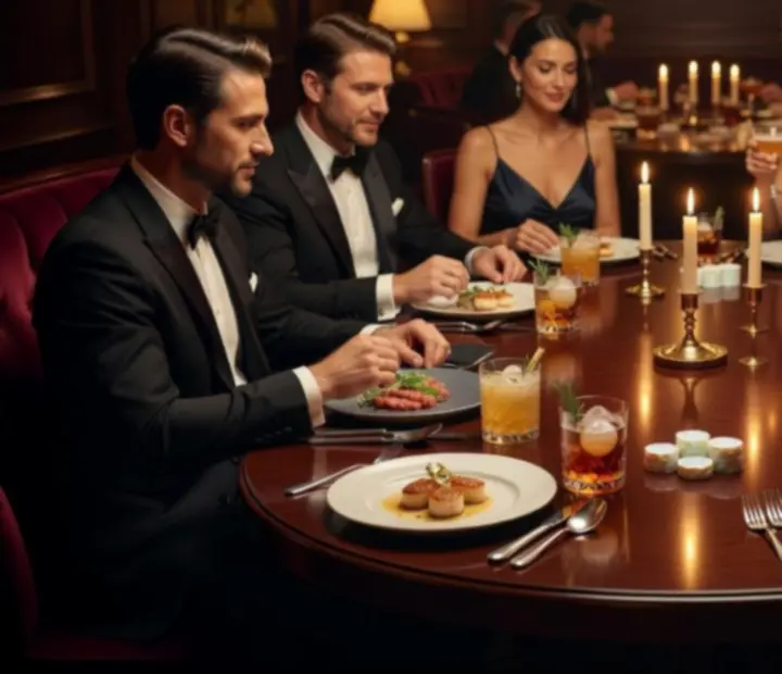 Atmosféricky nasvícený stůl s gourmet menu, tapas a svíčkami během VIP večera
