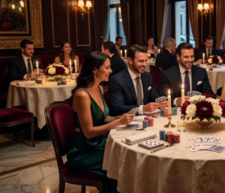 Narozeninová oslava s elegantně prostřeným pokerovým stolem v restauraci
