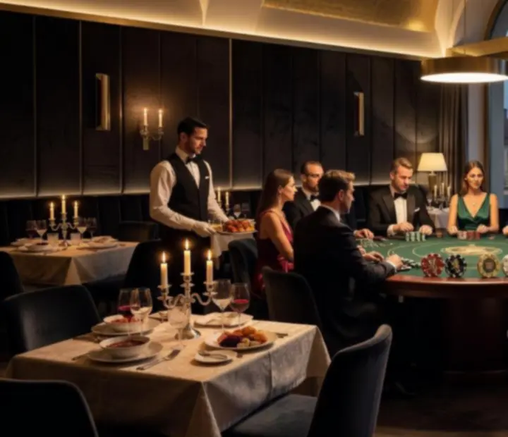 Elegantní restaurace během tematického pokerového večera s hosty u stylově nasvícených stolů a servisem luxusní gastronomie