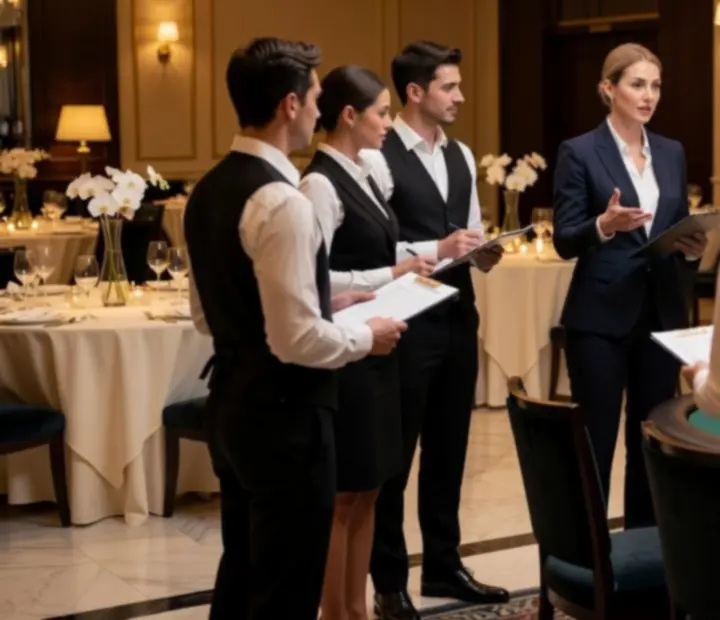Event manažer koordinuje elegantní společenský večer v restauraci s pokerovými stoly v pozadí
