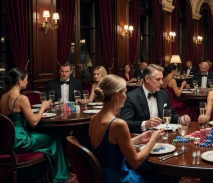 Elegantní společenský večer v luxusní restauraci s decentně nasvíceným sálem a pokerovými stoly.