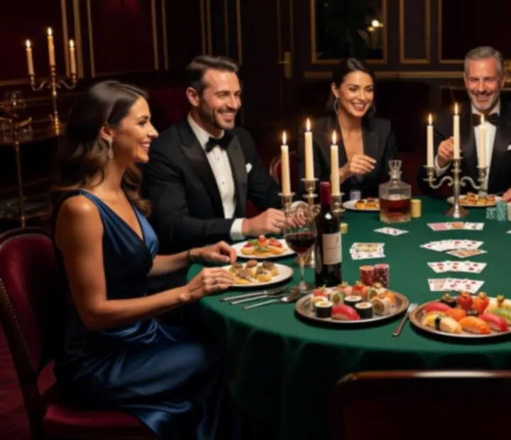 Koláž z elegantních večerních eventů v luxusních restauracích s pokerovými stoly, koktejly a usměvavými hosty.