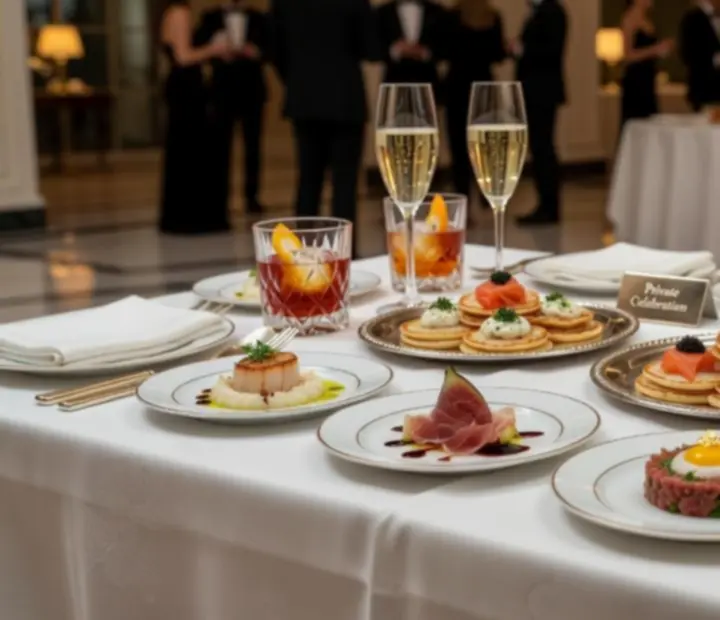 Gurmánský cateringový stůl s fine dining pokrmy, dezerty a prémiovými nápoji.