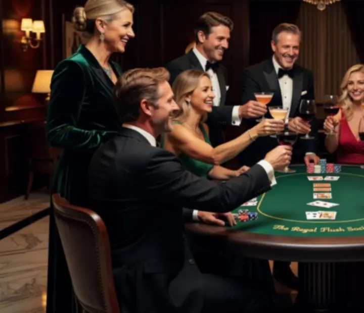 Usměvaví hosté u stolu během elegantního pokerového večera v restauraci