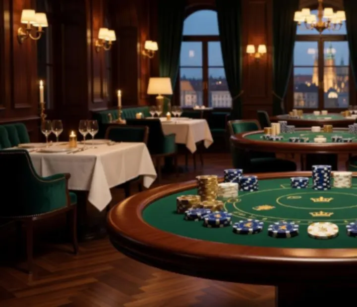 Elegantn&iacute; restaurace s pokerov&yacute;m stolem připraven&aacute; na společensk&yacute; večer