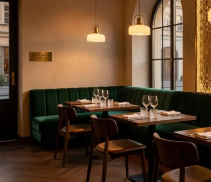 Cinematická fotografie luxusního interiéru restaurace s útulným nasvícením a elegantně prostřenými stoly.