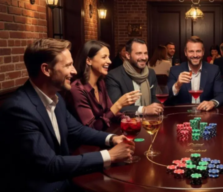 Večerní interiér luxusní restaurace s atmosférickým osvětlením a hosty u pokerových stolů v uvolněné atmosféře