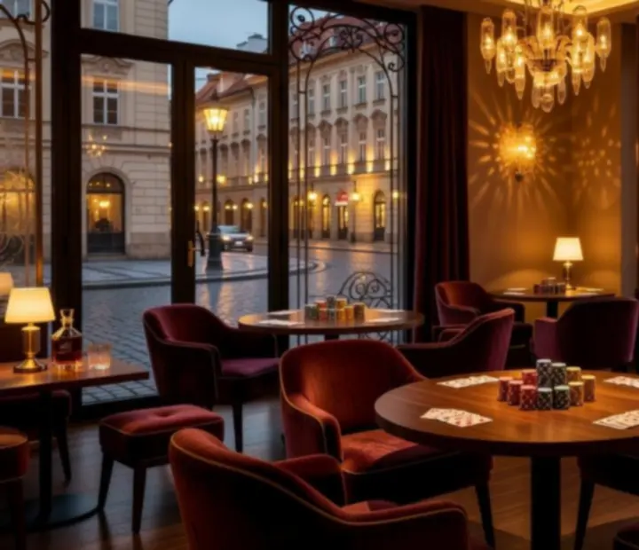 Elegantně nasvícený interiér restaurace připravený na pokerový večer se společenskou atmosférou