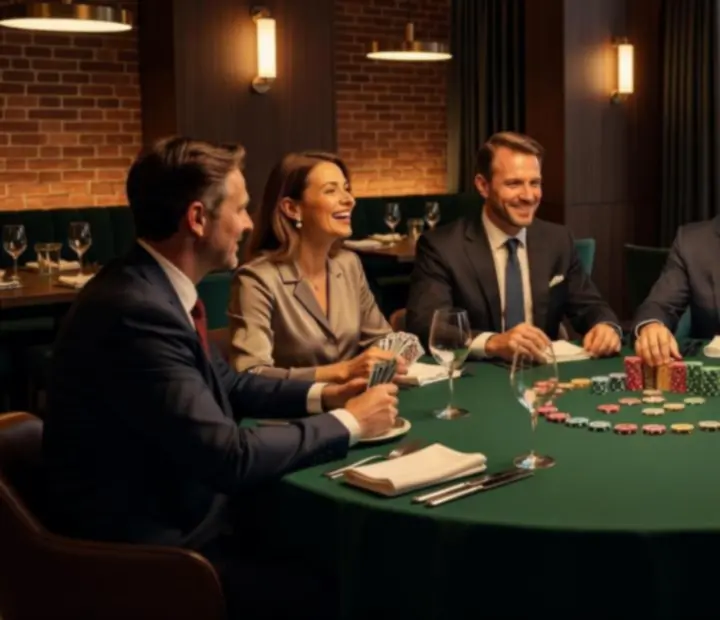 Tým kolegů při pokerovém teambuildingu v elegantní restauraci