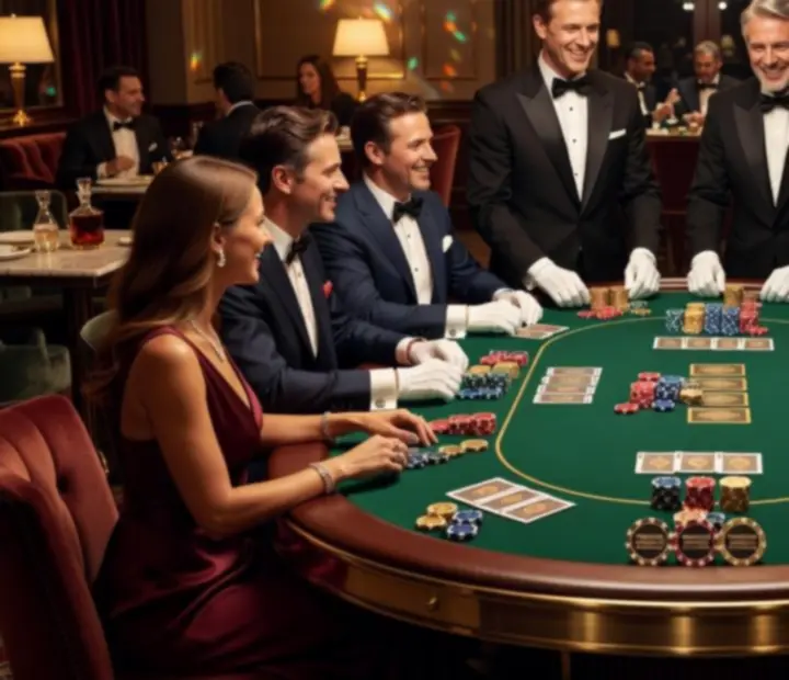 Profesionálně nasvícený pokerový stůl s hosty, kteří se smějí a užívají si společenský večer.