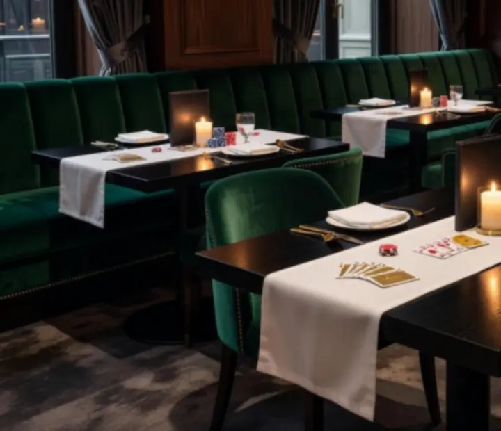 Elegantní interiér restaurace s připraveným stolem pro společenský pokerový večer