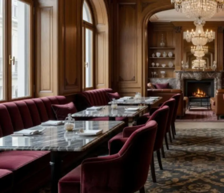 Detail elegantního interiéru restaurace s připraveným uspořádáním stolů pro společenský večer