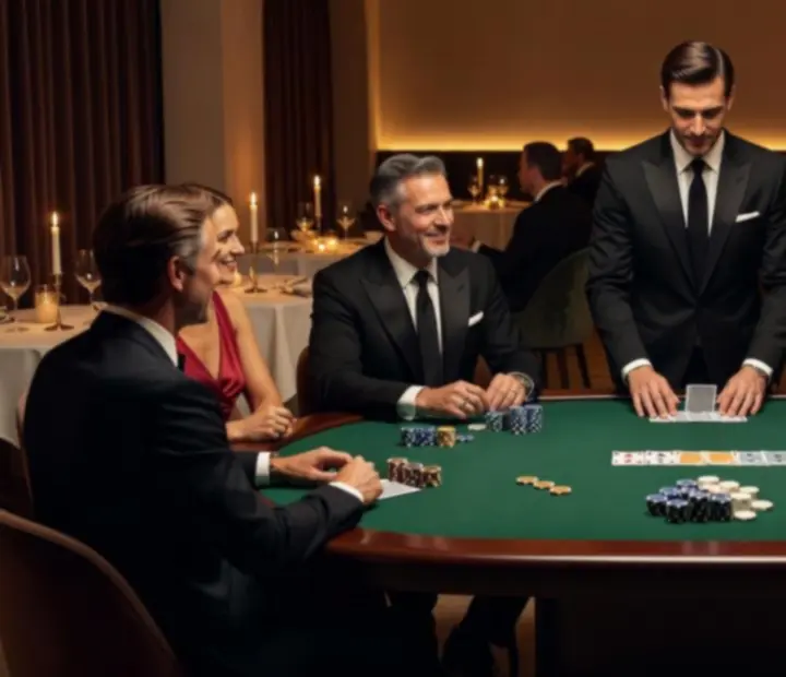 Luxusně nasvícený stůl s profesionálním dealerem a hosty během VIP pokerového večera v elegantní restauraci